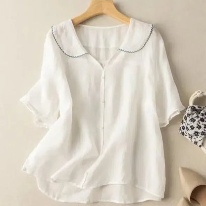 Tiara Linen Blouse – Scalloped Trim & Puff Sleeves