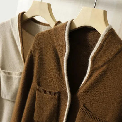 Anne Cardigan – Wool Blend Wrap with Contrast Details