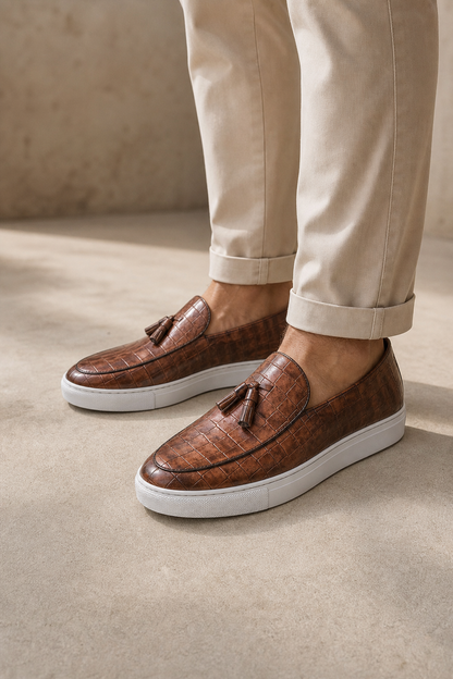 Man wearing brown Passero Tassel Loafers with cuffed chinos
