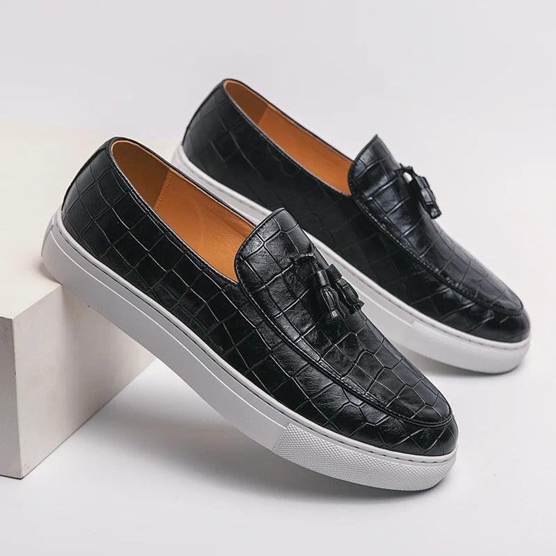Vestralo Passero black croc-embossed leather tassel loafers on cushioned white cupsole