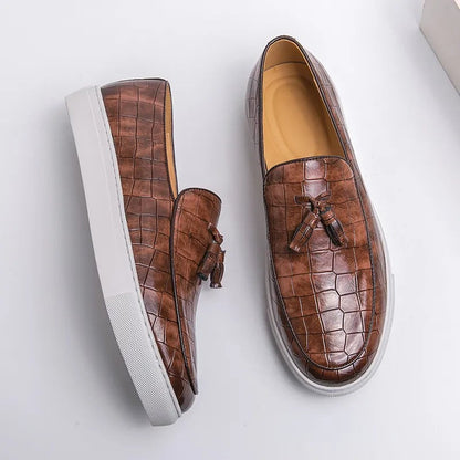 Vestralo Passero brown tassel loafers, top view showing hand-set leather tassels and croc texture