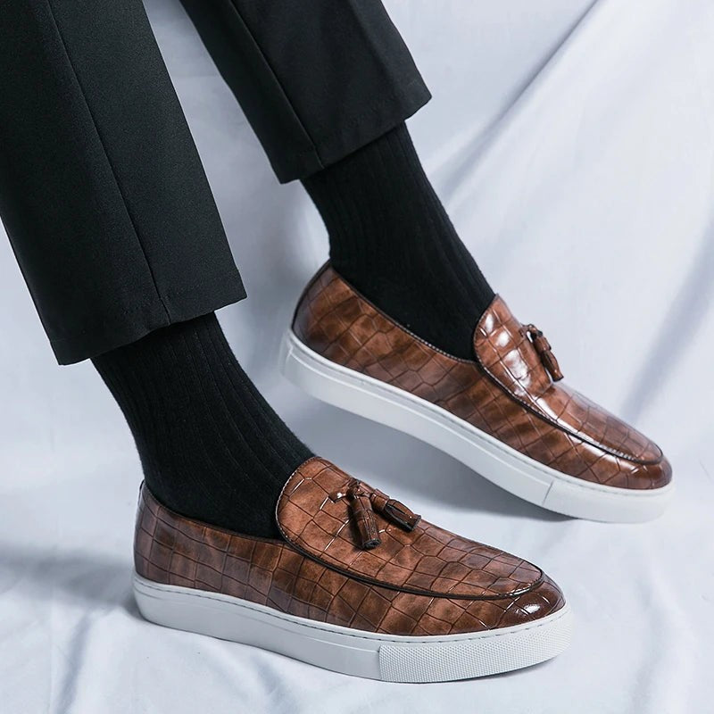 Vestralo Passero brown tassel loafers worn with tailored black trousers and dress socks, smart-casual outfit